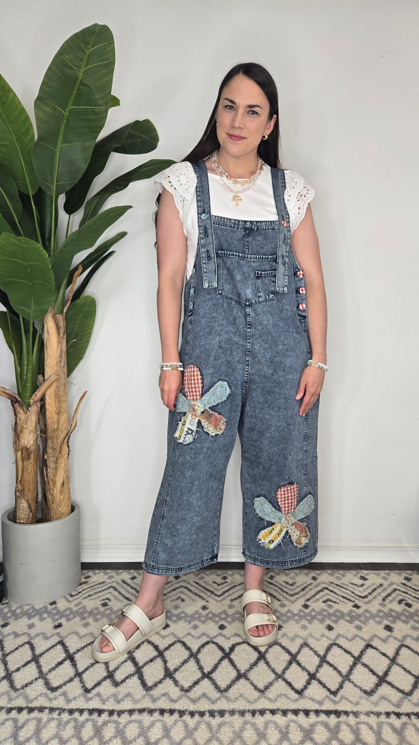 Flower Patchwork Oversize Denim Overalls with Pockets "Cambelle"