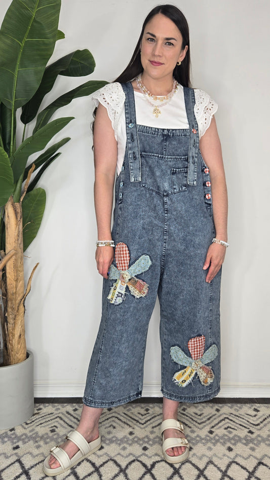 Flower Patchwork Oversize Denim Overalls with Pockets "Cambelle"