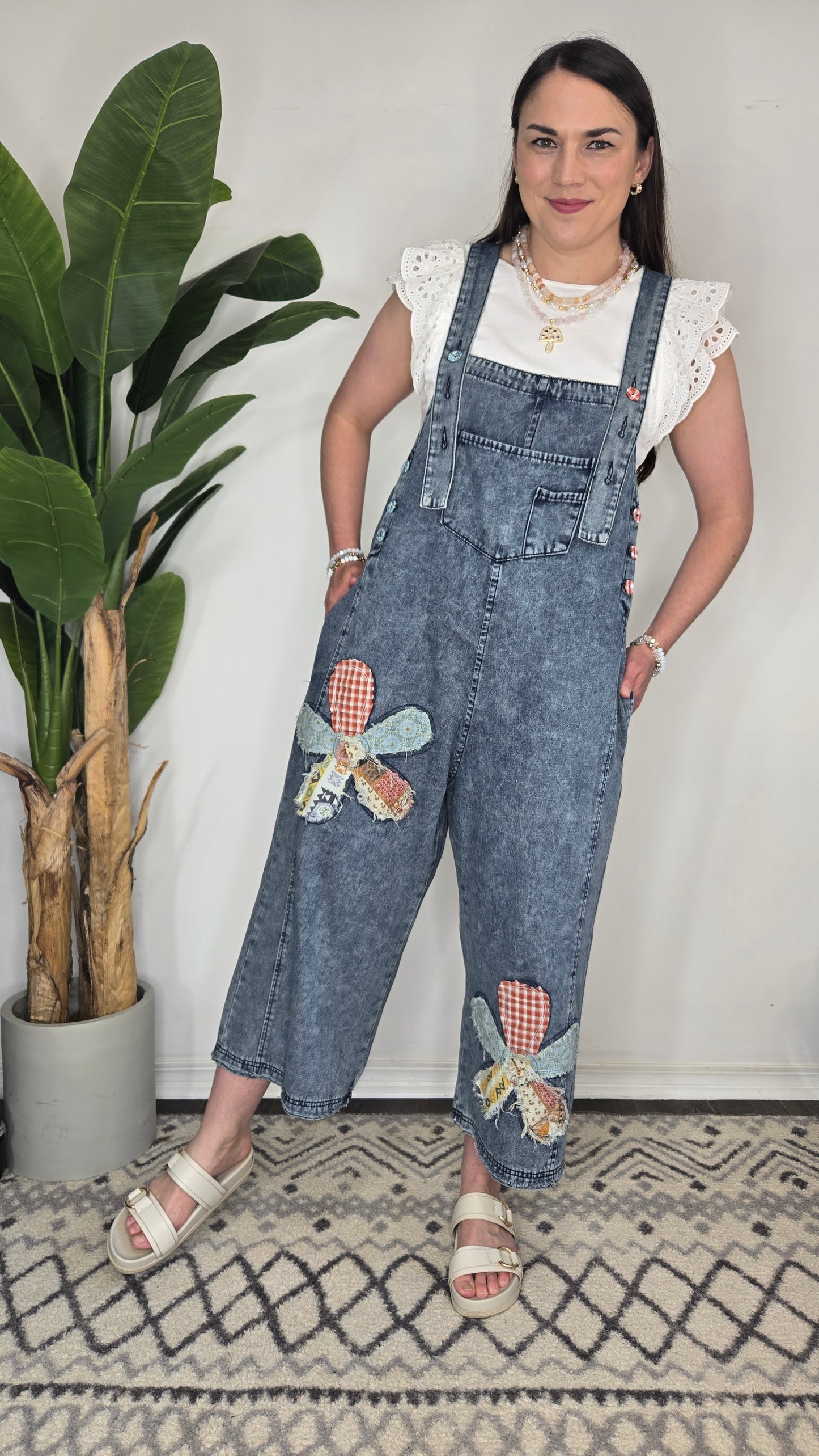 Flower Patchwork Oversize Denim Overalls with Pockets "Cambelle"