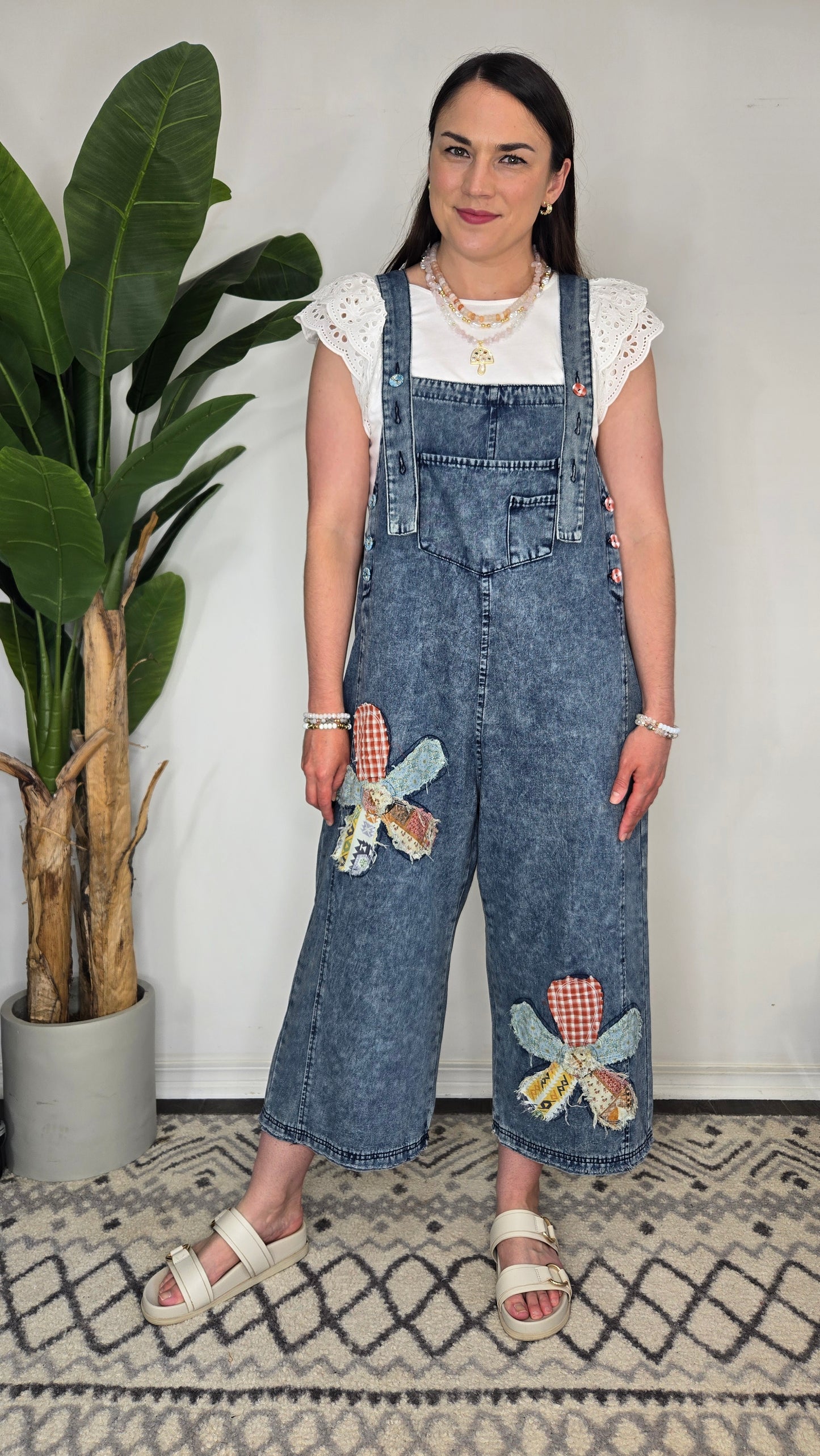Flower Patchwork Oversize Denim Overalls with Pockets "Cambelle"