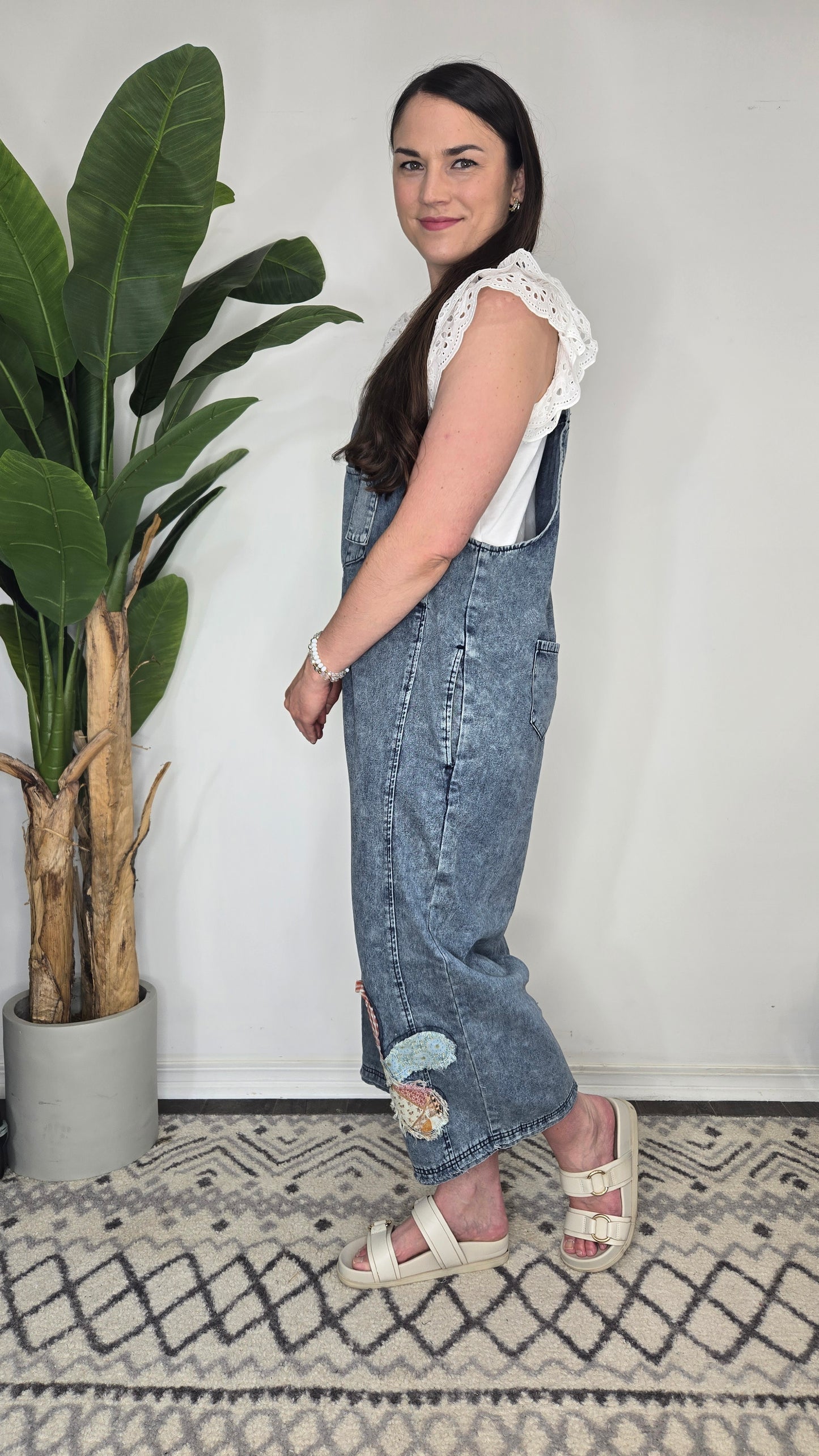 Flower Patchwork Oversize Denim Overalls with Pockets "Cambelle"