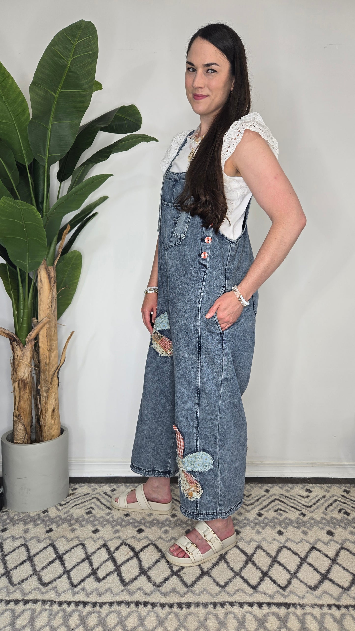 Flower Patchwork Oversize Denim Overalls with Pockets "Cambelle"