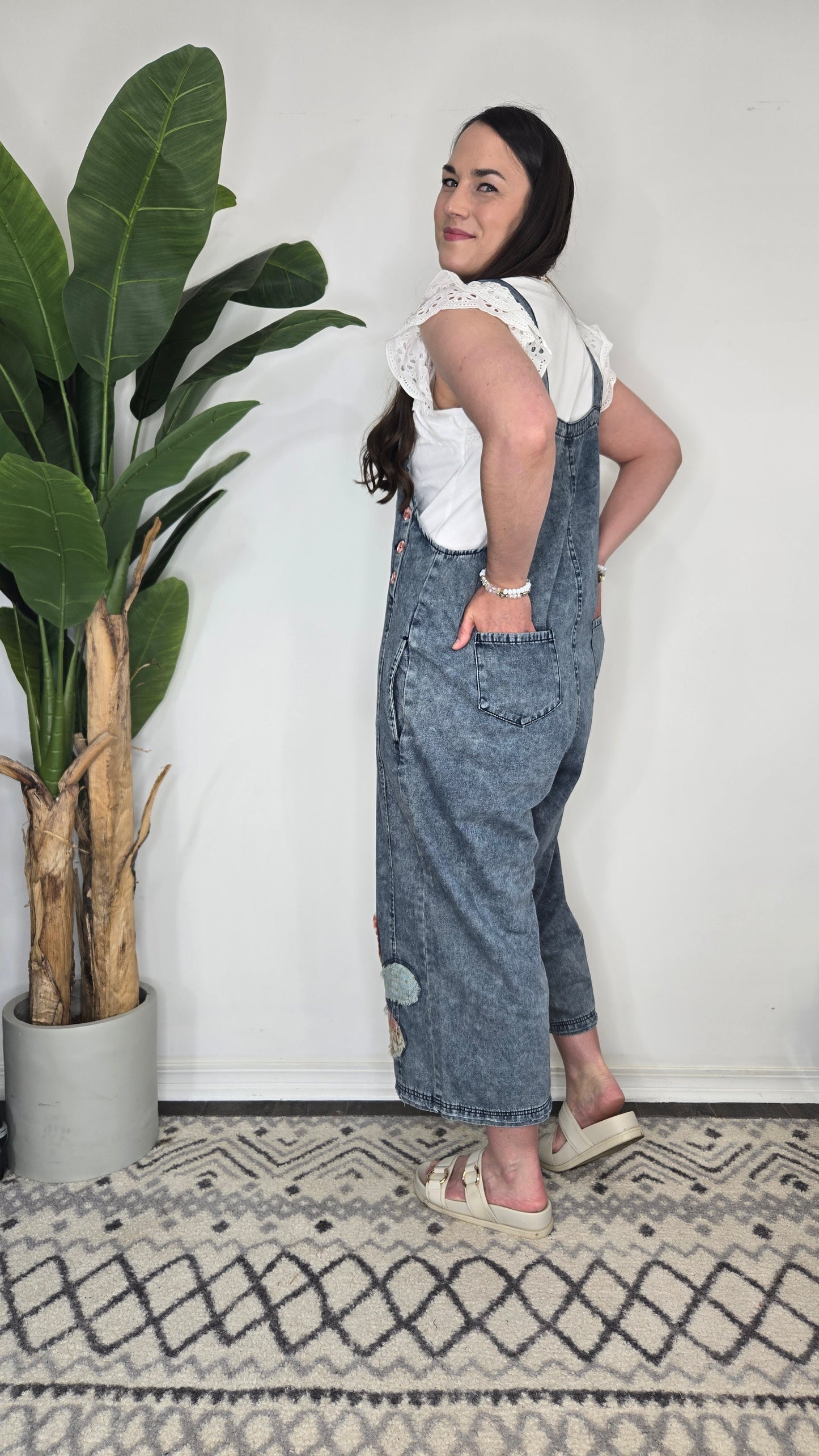 Flower Patchwork Oversize Denim Overalls with Pockets "Cambelle"