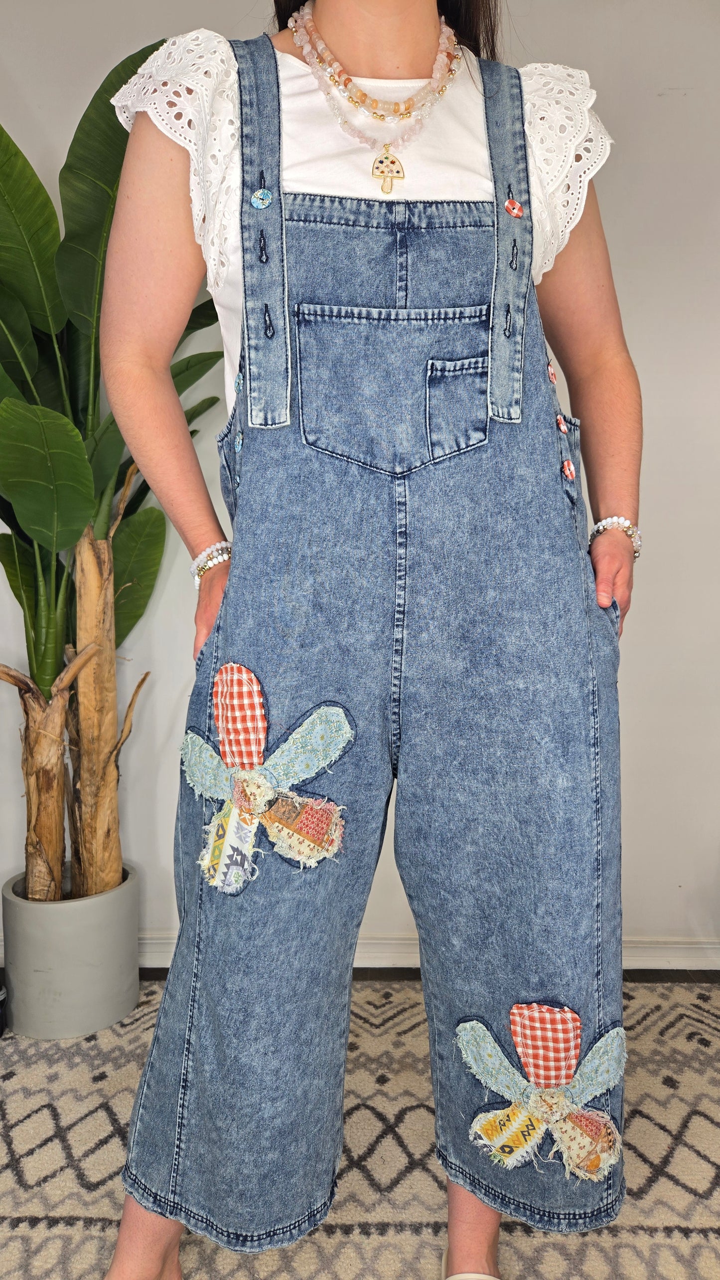 Flower Patchwork Oversize Denim Overalls with Pockets "Cambelle"