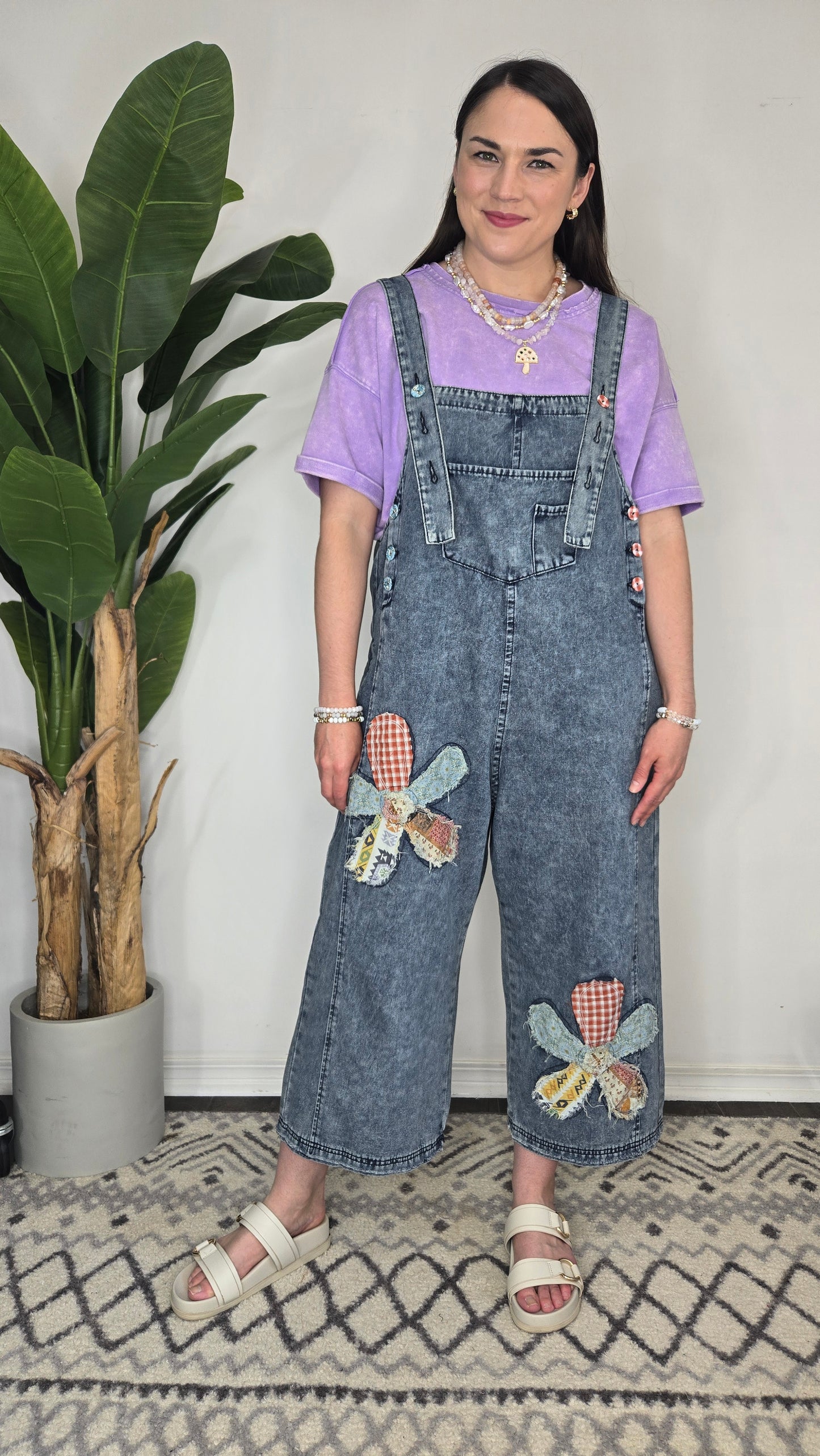 Flower Patchwork Oversize Denim Overalls with Pockets "Cambelle"