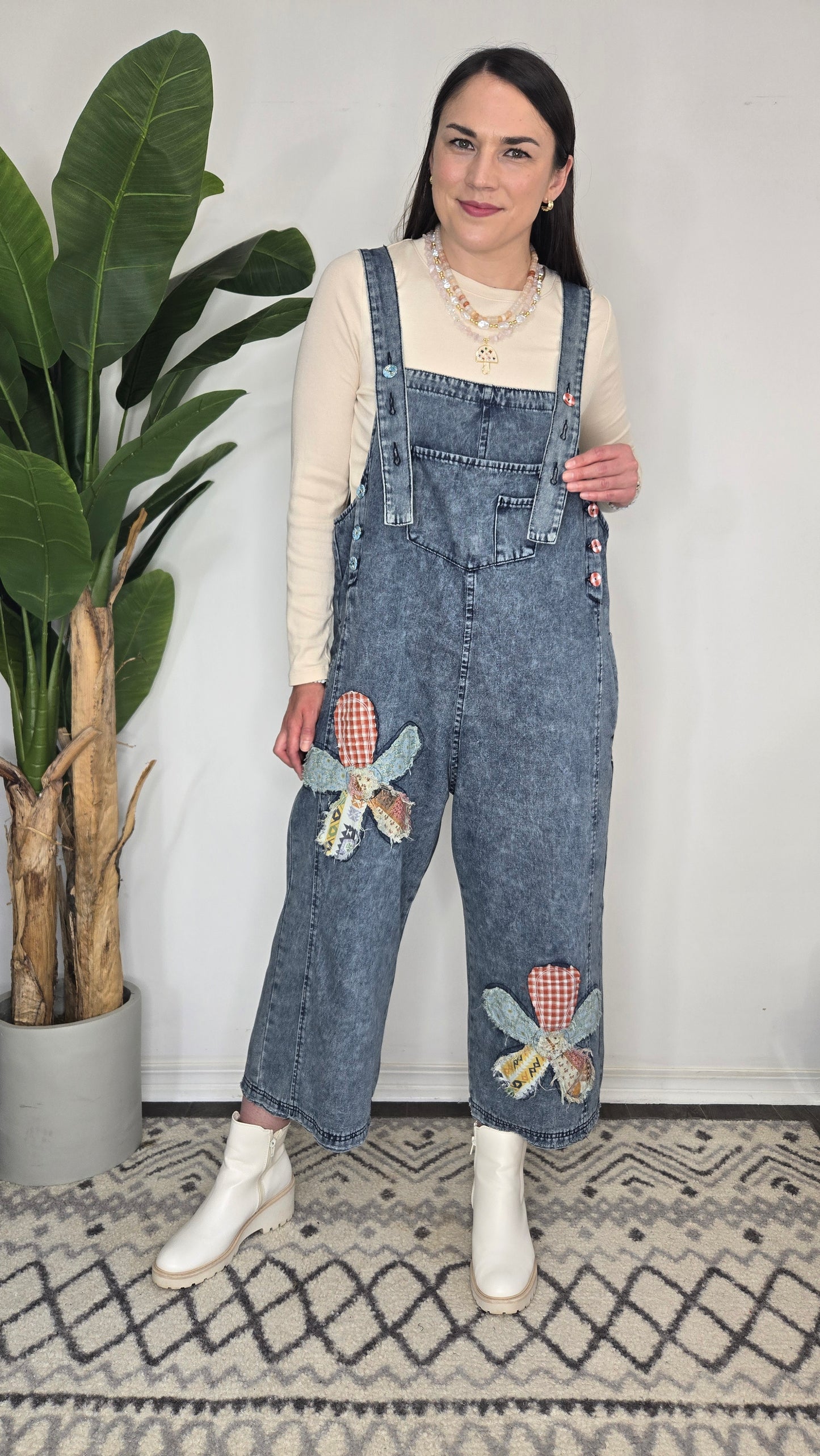 Flower Patchwork Oversize Denim Overalls with Pockets "Cambelle"