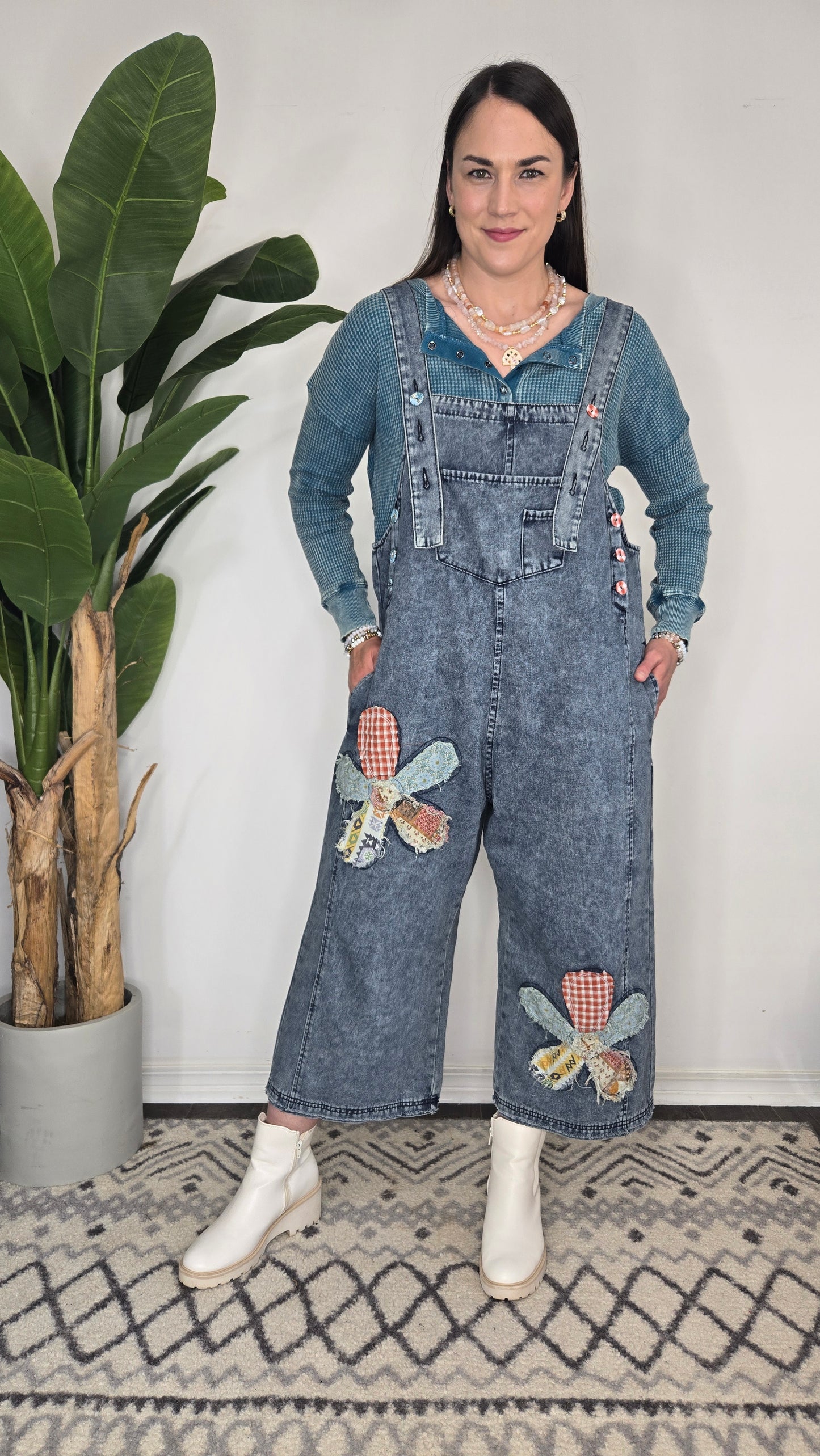 Flower Patchwork Oversize Denim Overalls with Pockets "Cambelle"