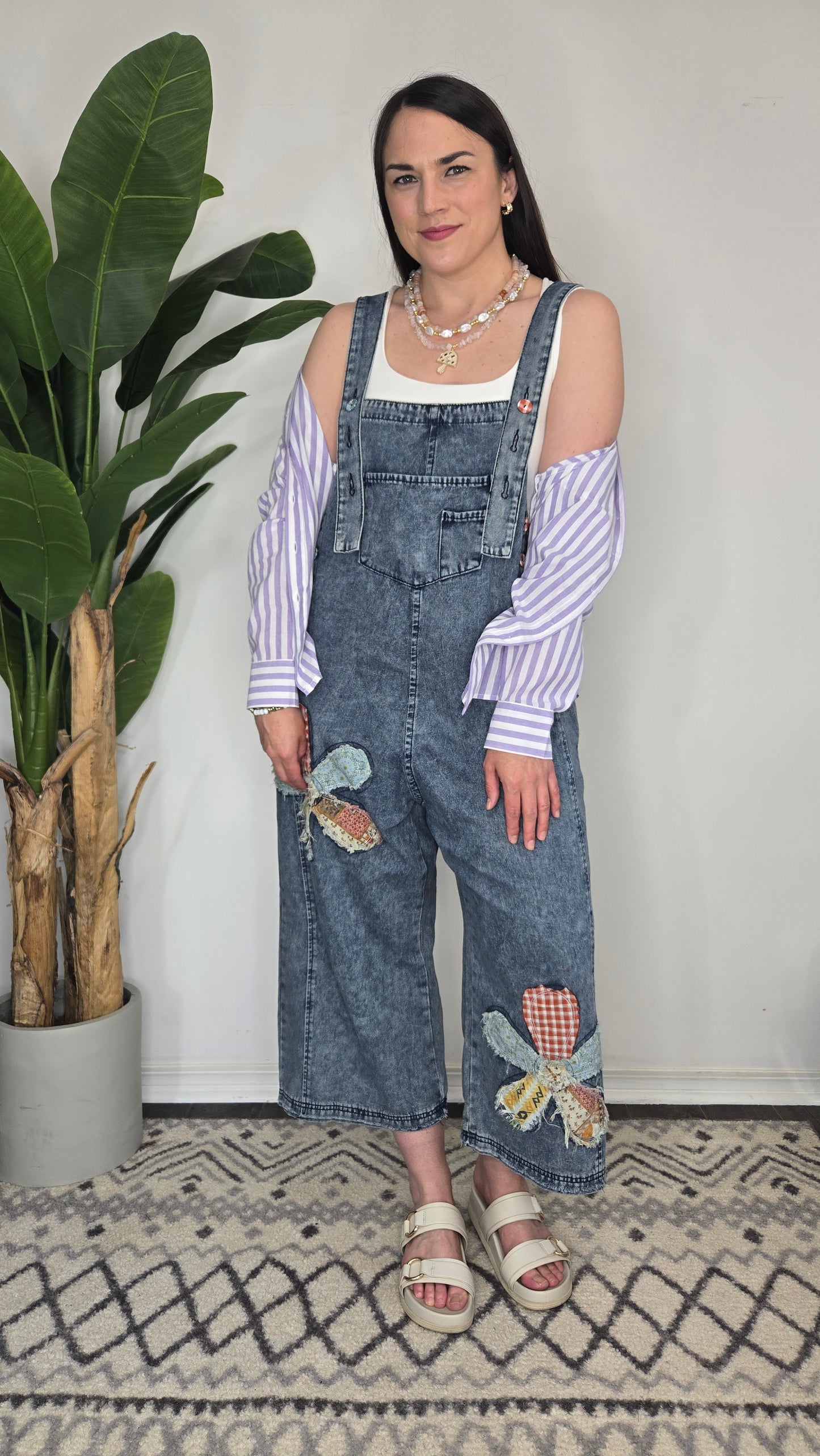 Flower Patchwork Oversize Denim Overalls with Pockets "Cambelle"