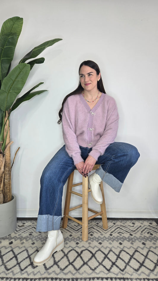 Lavender Fuzzy Hair Yarn Cropped Cardigan with Rhinestone Bows and Buttons "Rhiannon"