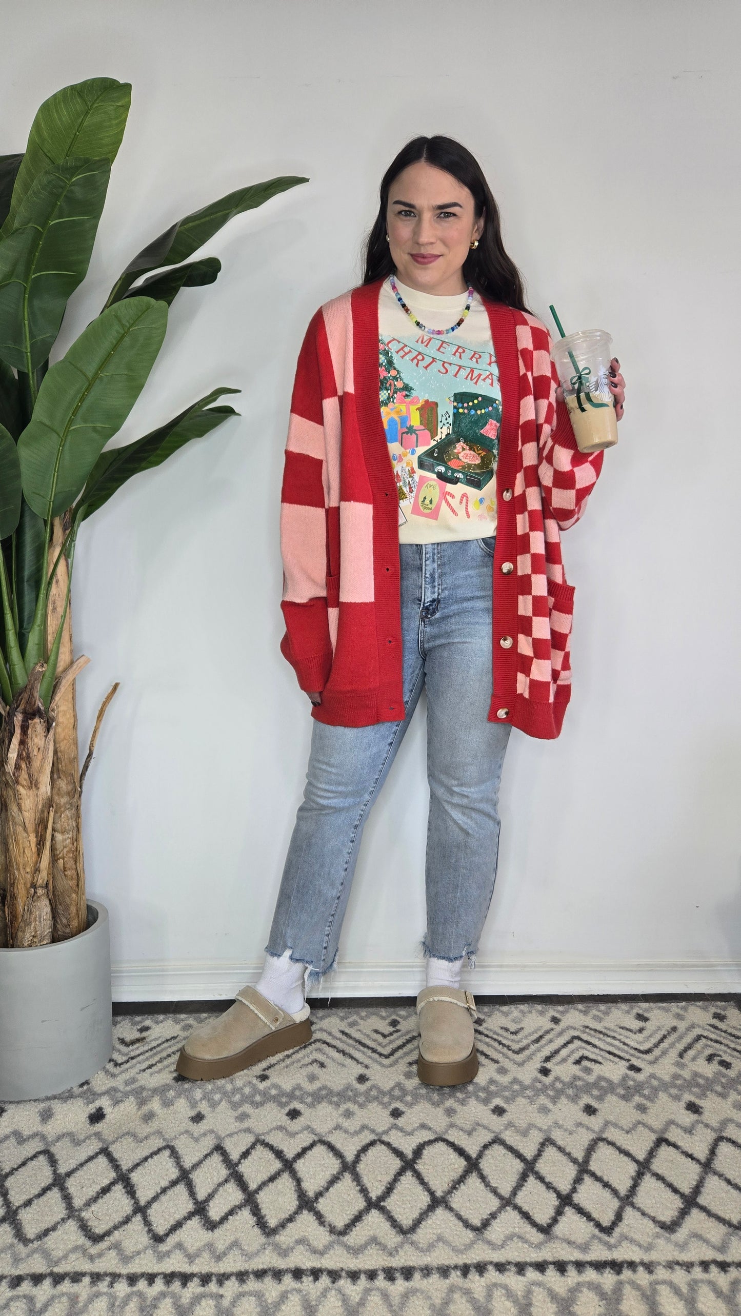 Red/Pink Checkered Cardigan "Vivien"