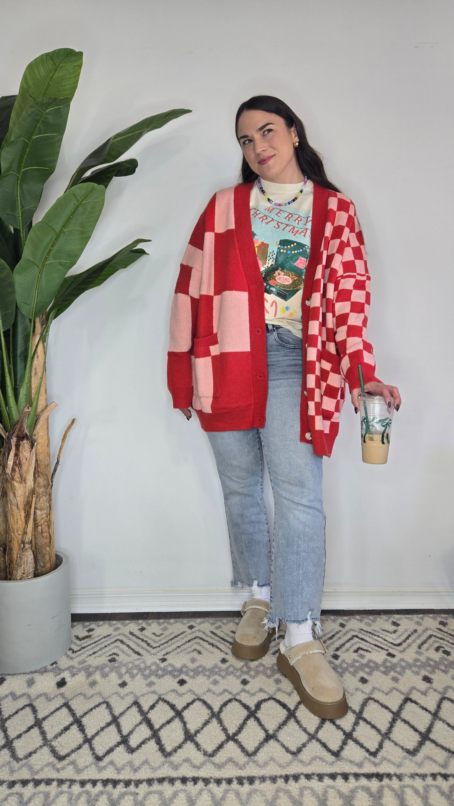 Red/Pink Checkered Cardigan "Vivien"