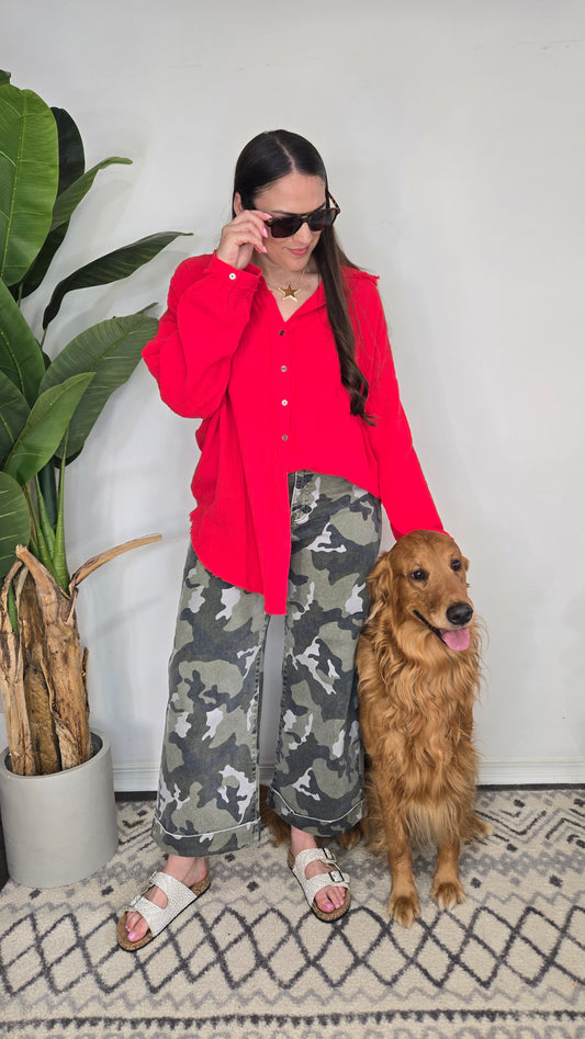 Ruby Red Guaze Button Up