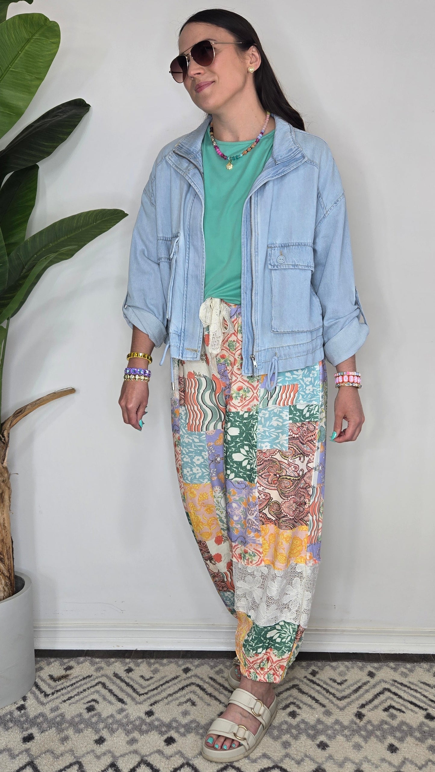 Risen Denim Oversize Cargo Jacket with Pockets and Waist String "Hollis"