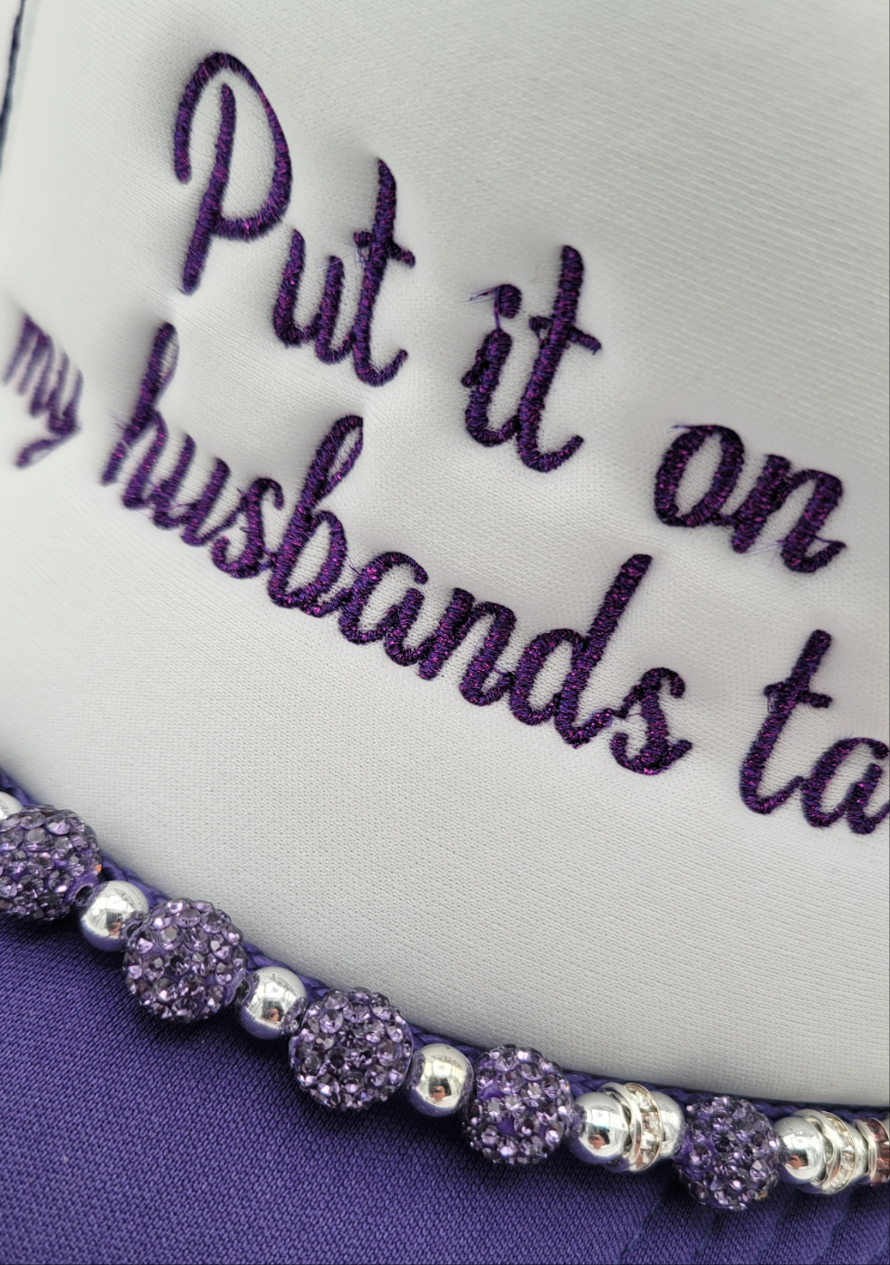 Purple/White “Put it on my husband’s tab” Trucker Hat & Chain