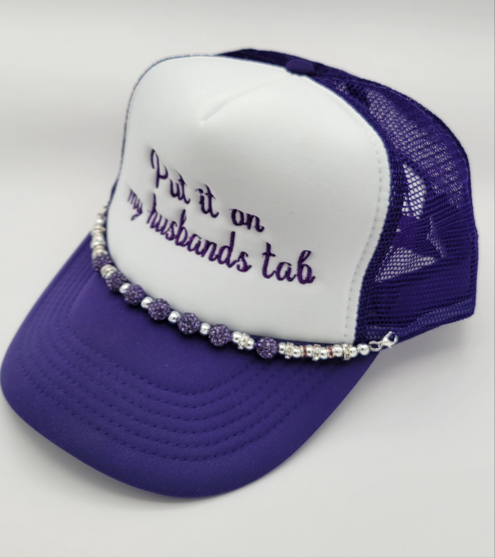 Purple/White “Put it on my husband’s tab” Trucker Hat & Chain