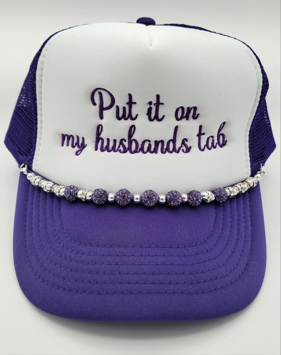 Purple/White “Put it on my husband’s tab” Trucker Hat & Chain