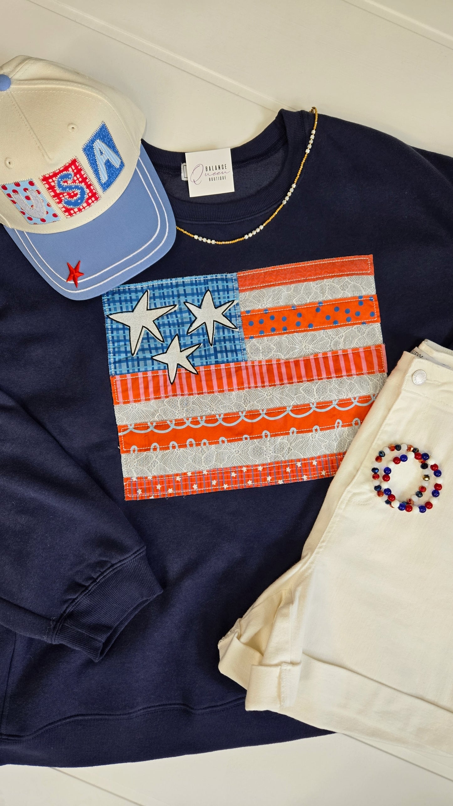 Stars & Lace Patchwork Flag Sweatshirt "Stevie"