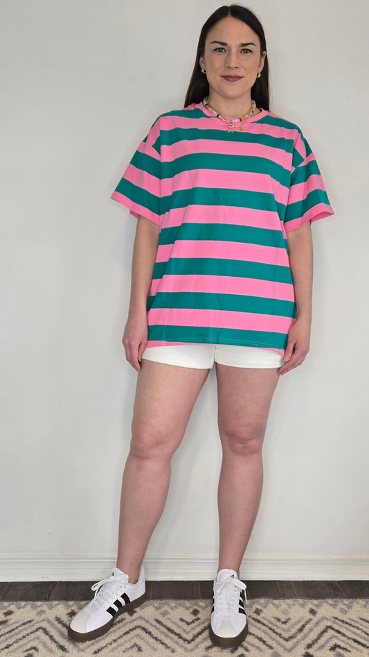 Pink/Green Stripe Oversize Short Sleeve Top "Juniper"