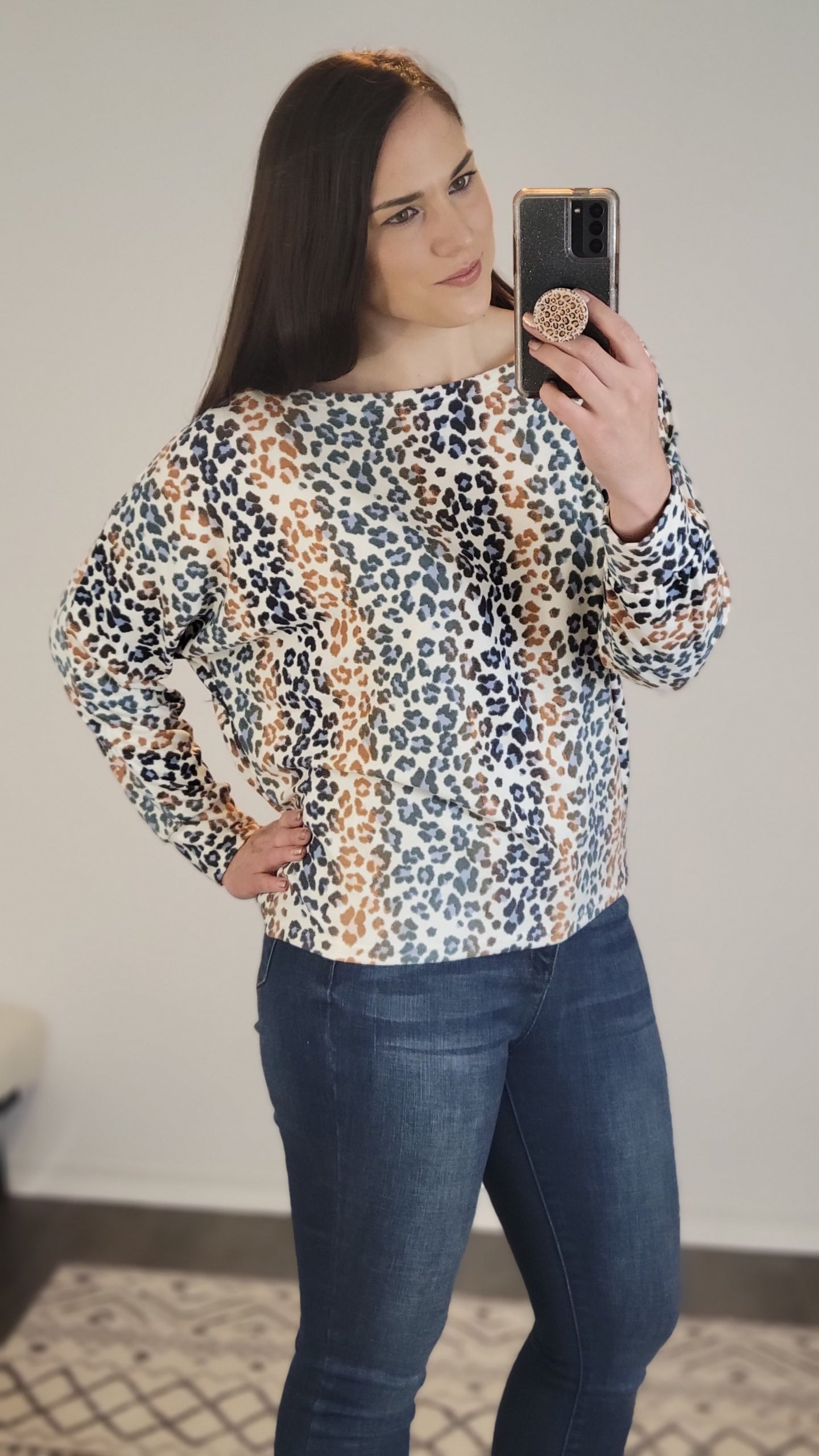 Gold/Teal Dolman Leopard Long Sleeve Top “Laurel”