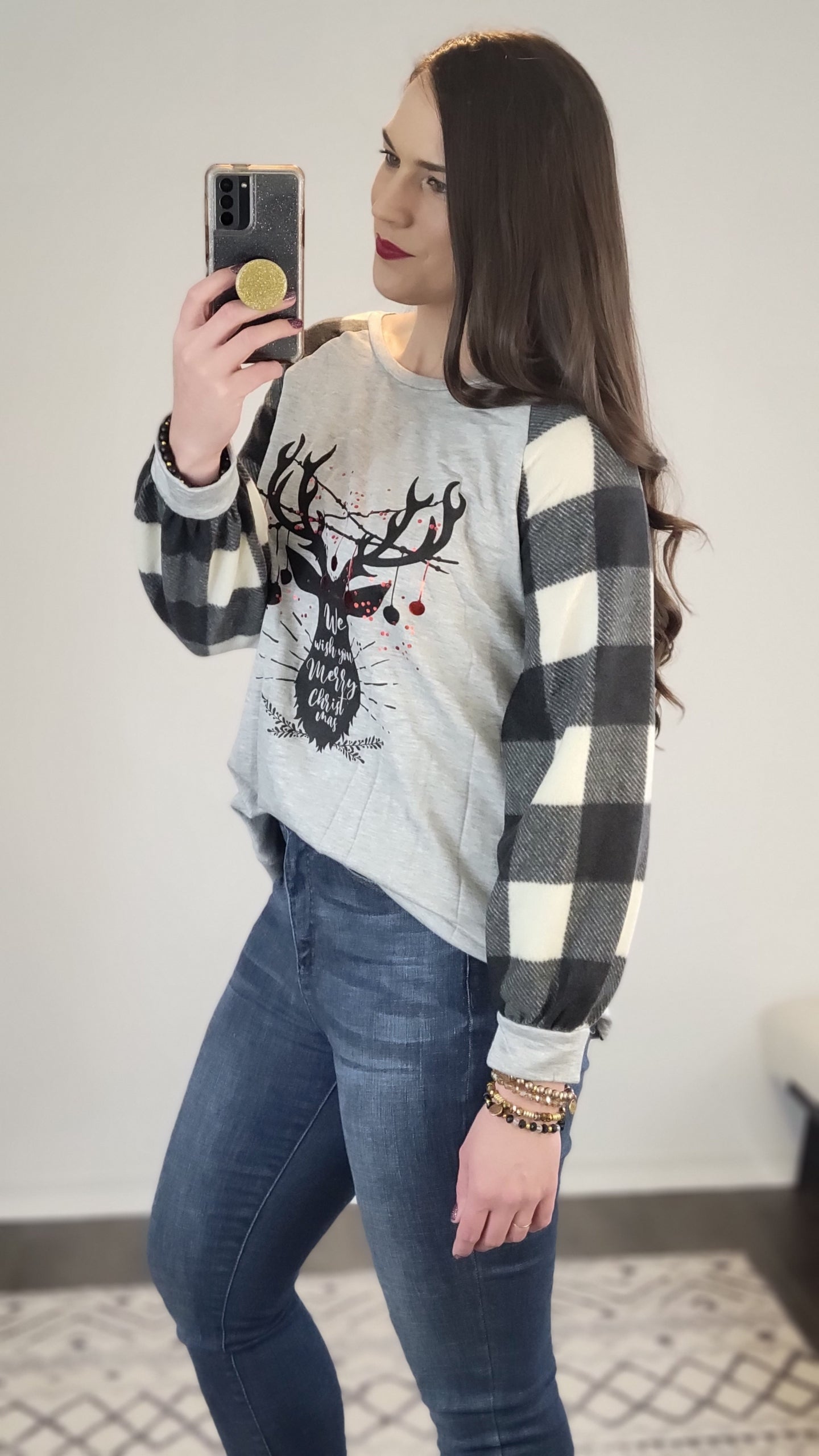 Buffalo Plaid Reindeer Christmas Long Sleeve Top "Christy"