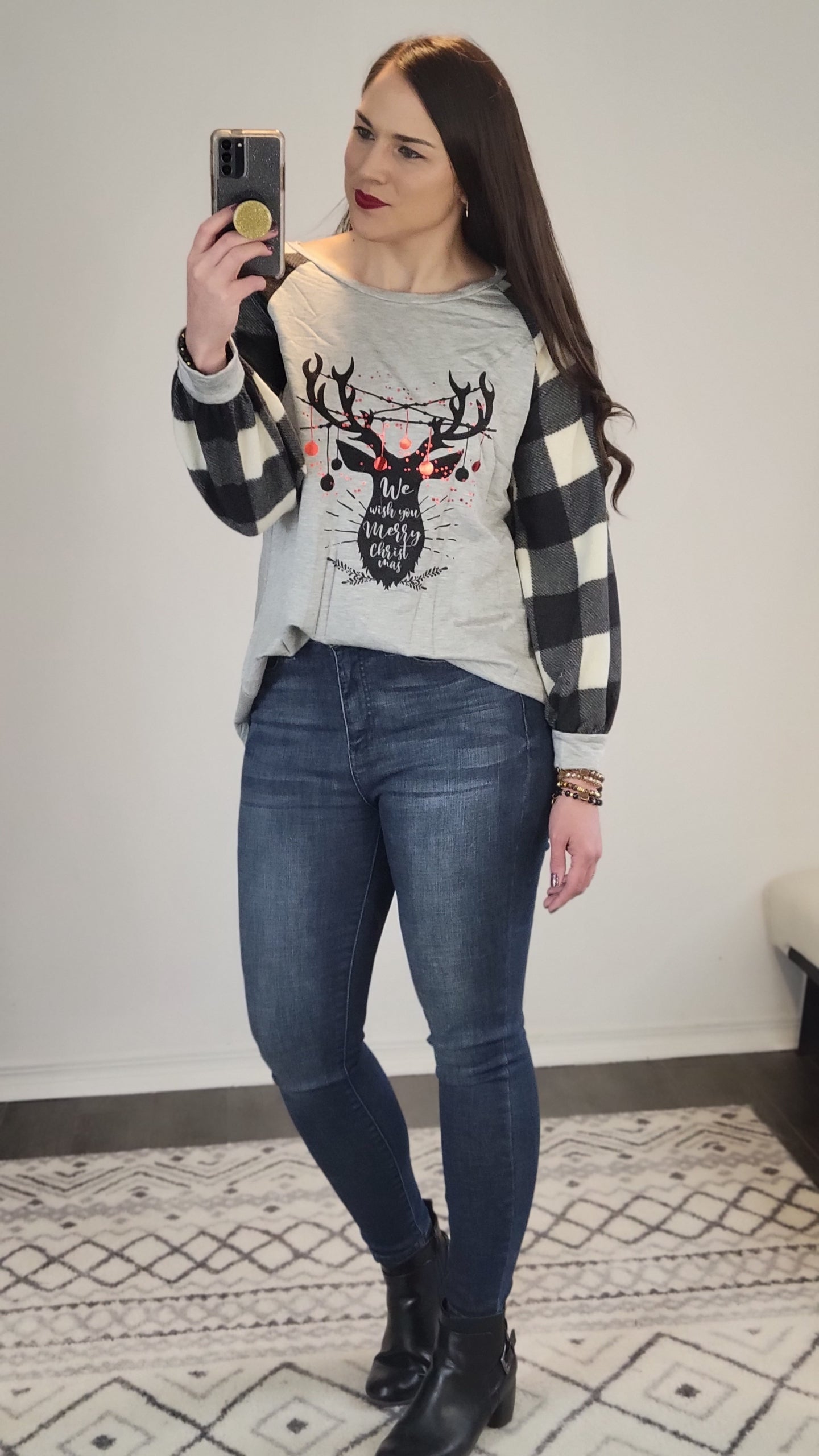 Buffalo Plaid Reindeer Christmas Long Sleeve Top "Christy"