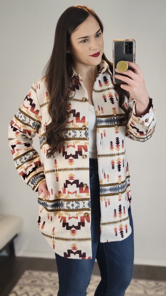 Beige Red Mid Length Exclusive Aztec Shacket “Beth”