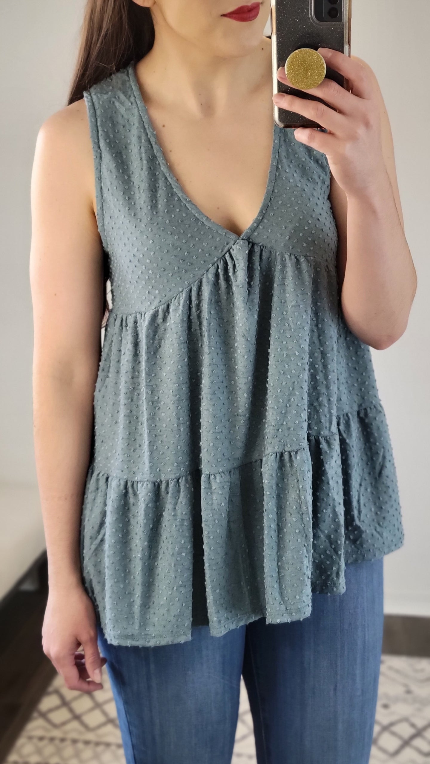 Muted Teal Swiss Dot V-Neck Tiered Top  “Rian”