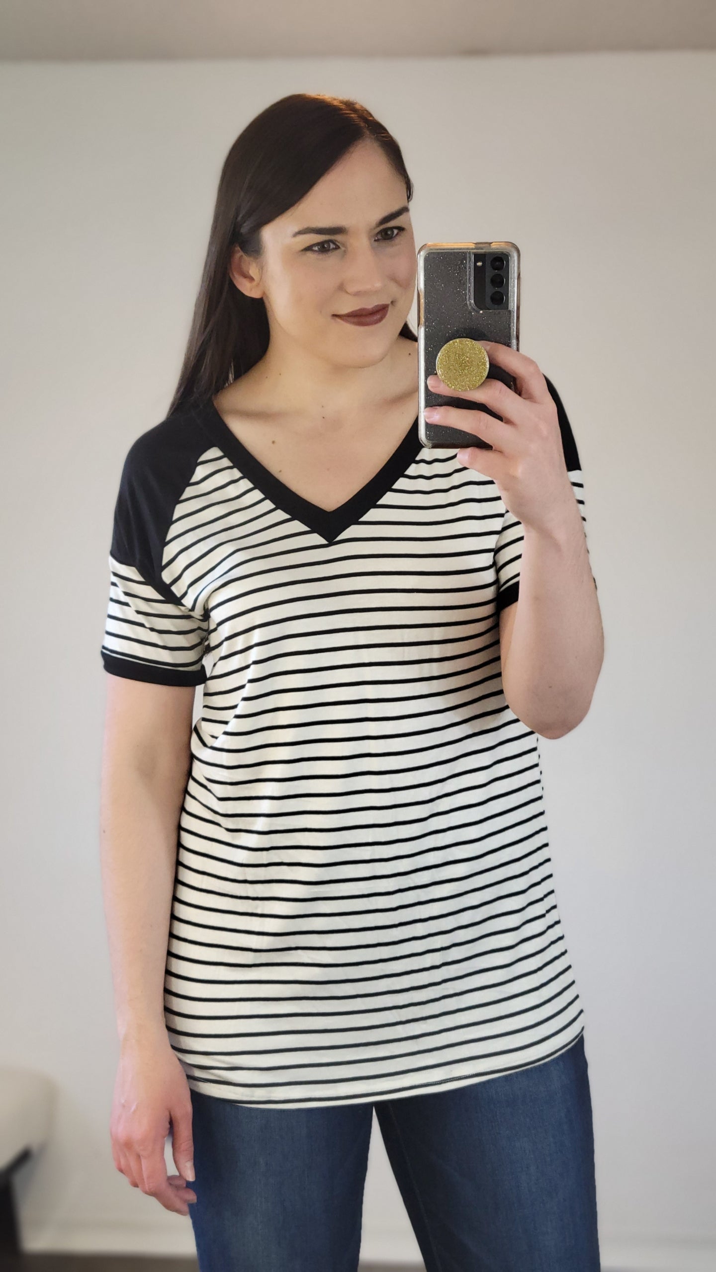 Ivory and Black Solid Striped V-Neck Short Sleeve Top “Dawn”