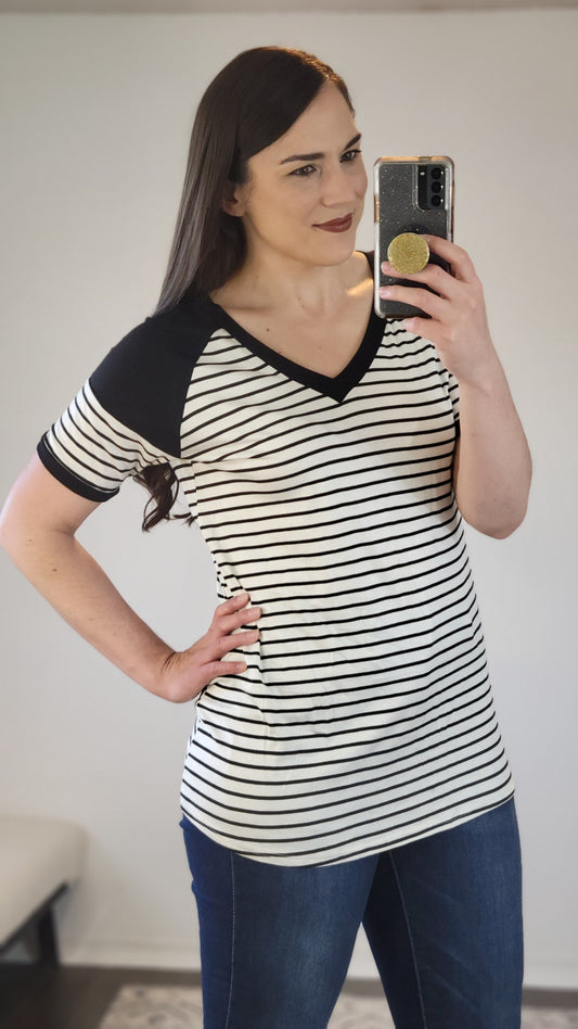 Ivory and Black Solid Striped V-Neck Short Sleeve Top “Dawn”
