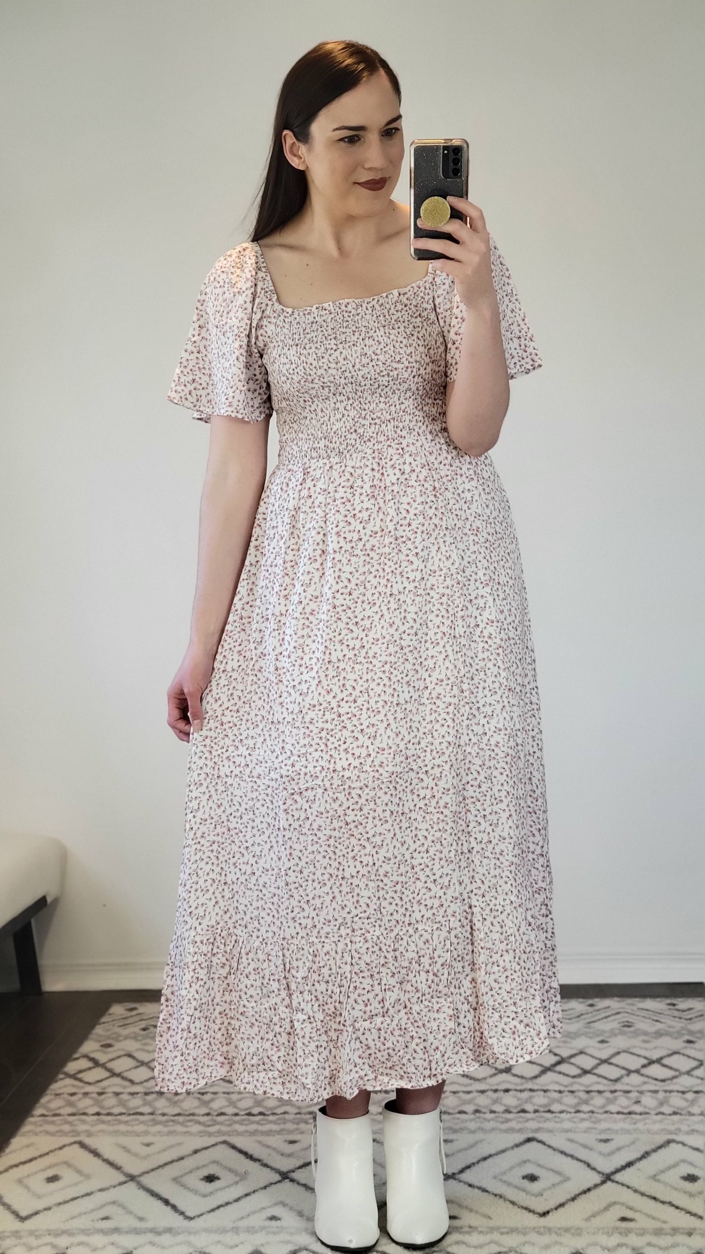 Off White Pink Ditsy Floral Midi Dress "Savannah"