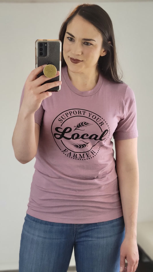 Orchid Support Your Local Farmer  Crew Neck Graphic Tee “Local”