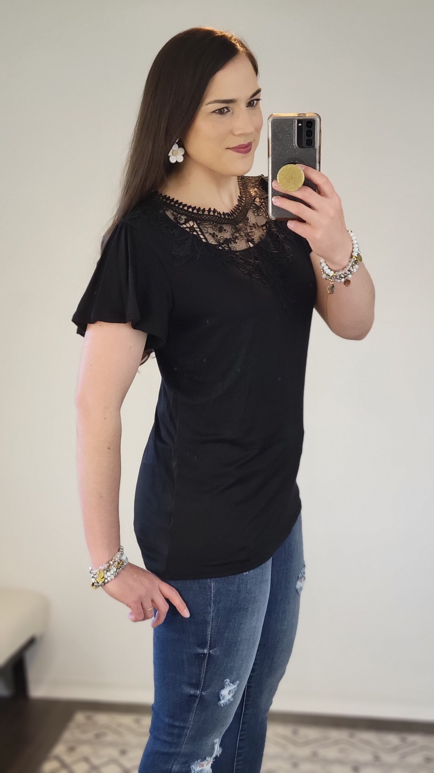 Black Short Flutter Sleeve Top with Lace Detailing "Piper"