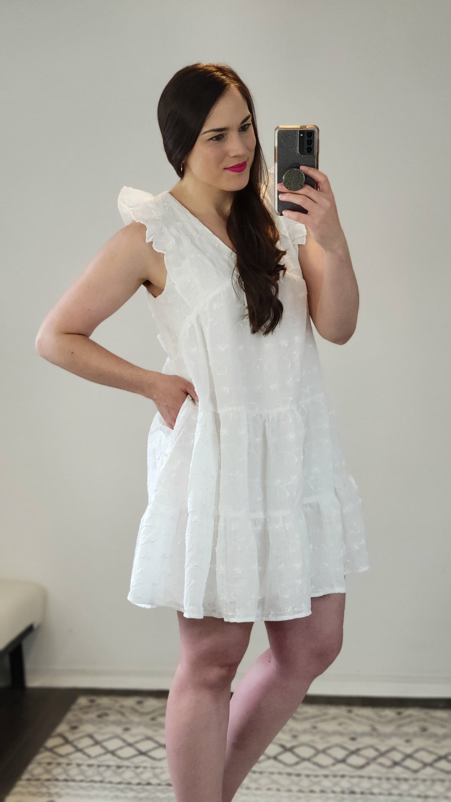 White Puff Embroidered Ruffled V-Neck Mini Dress with Pockets “Rachel” 
