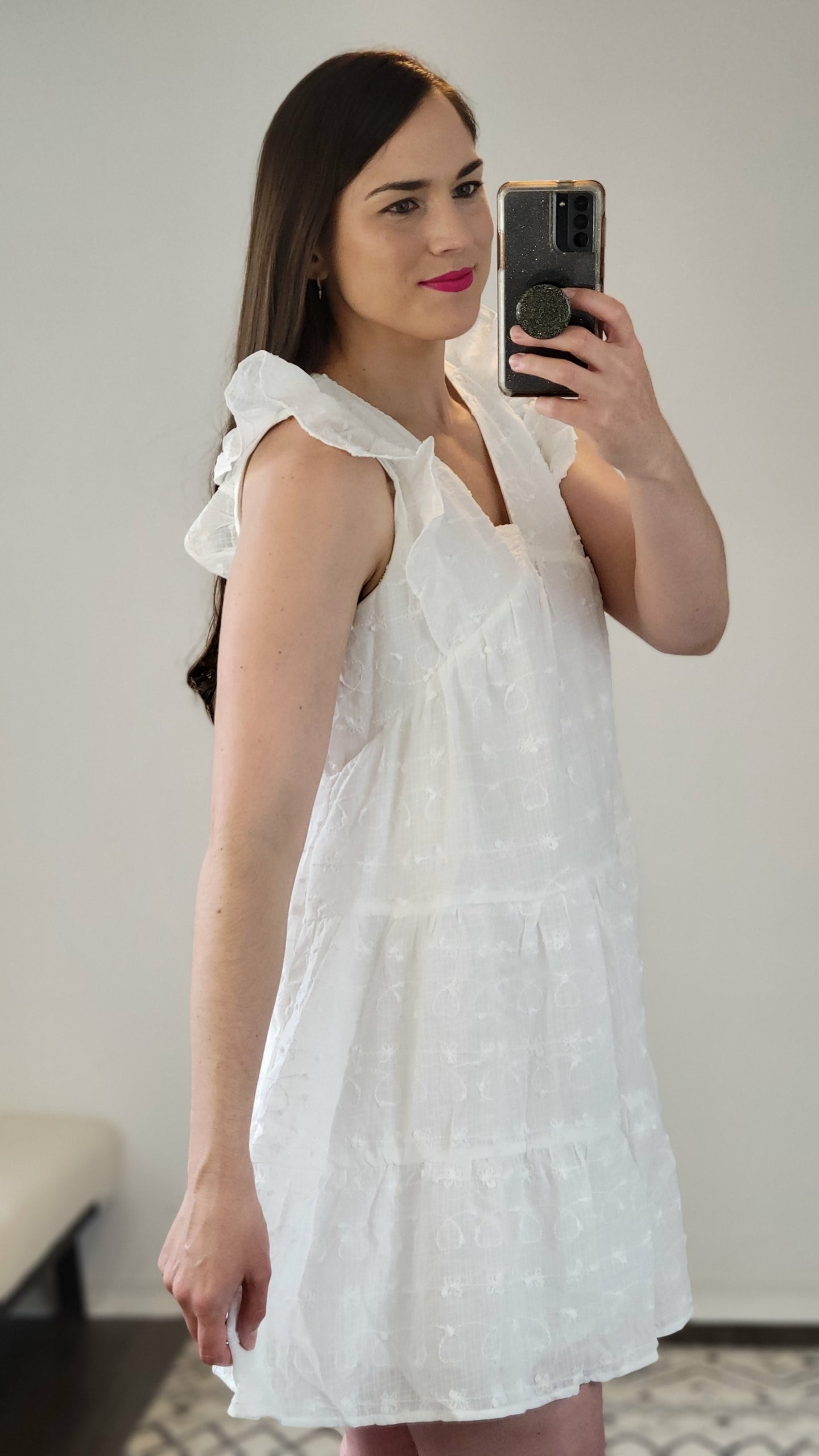  White Puff Embroidered Ruffled V-Neck Mini Dress with Pockets “Rachel” 