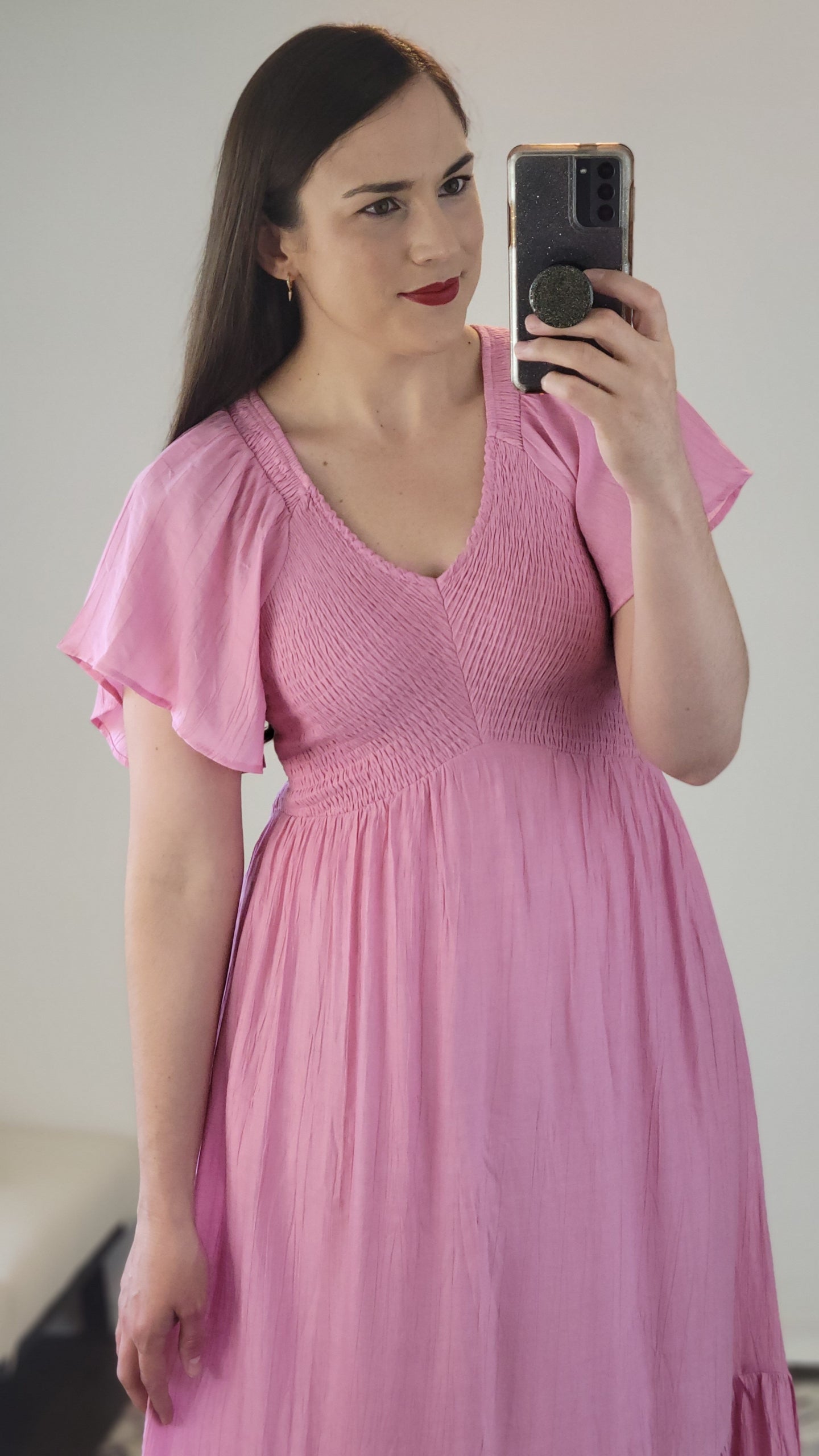 Pink V-Neck Smocked Ruffle Sleeve Midi Dress with Pockets “Bree” 