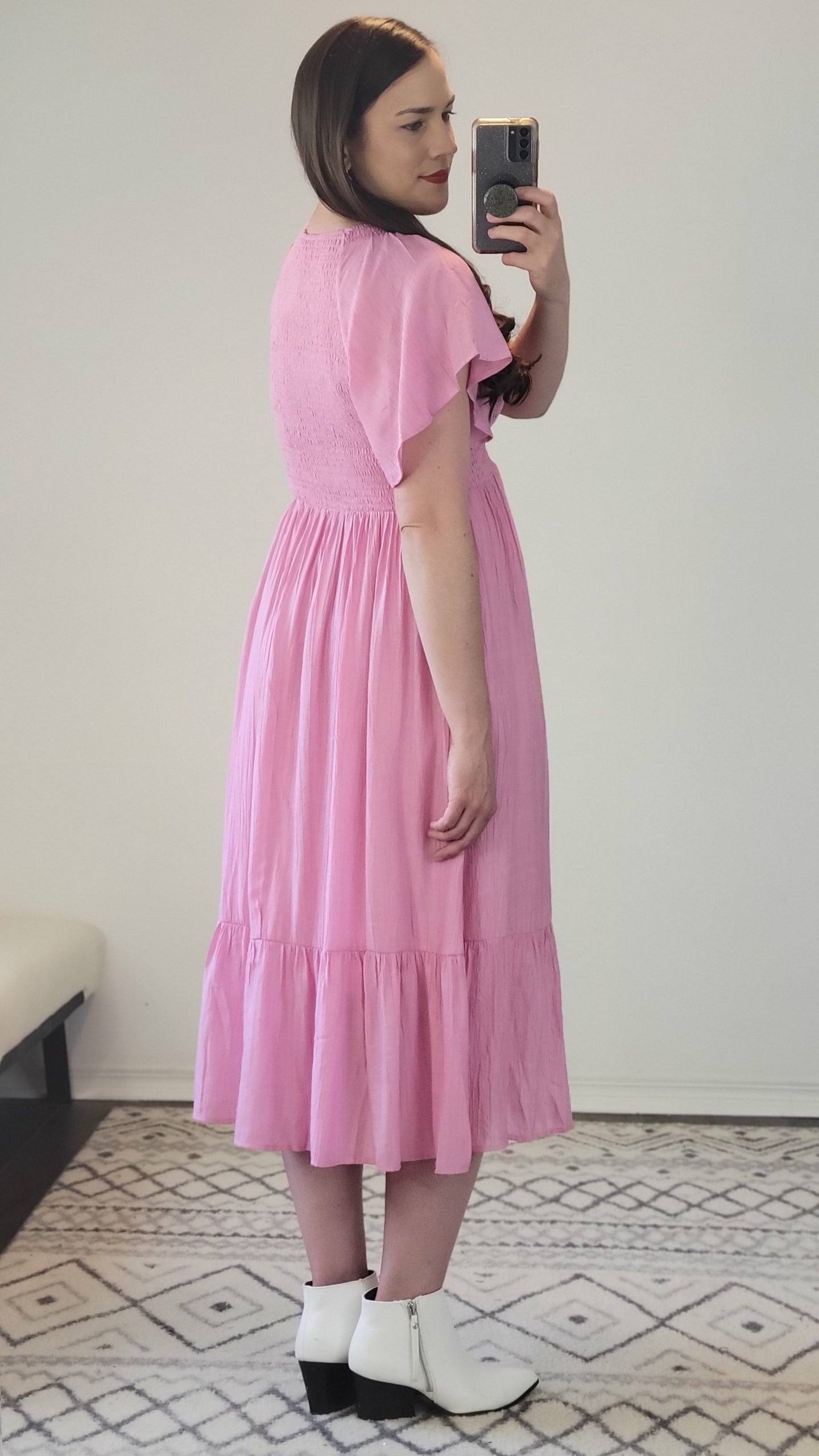 Pink V-Neck Smocked Ruffle Sleeve Midi Dress with Pockets “Bree” 