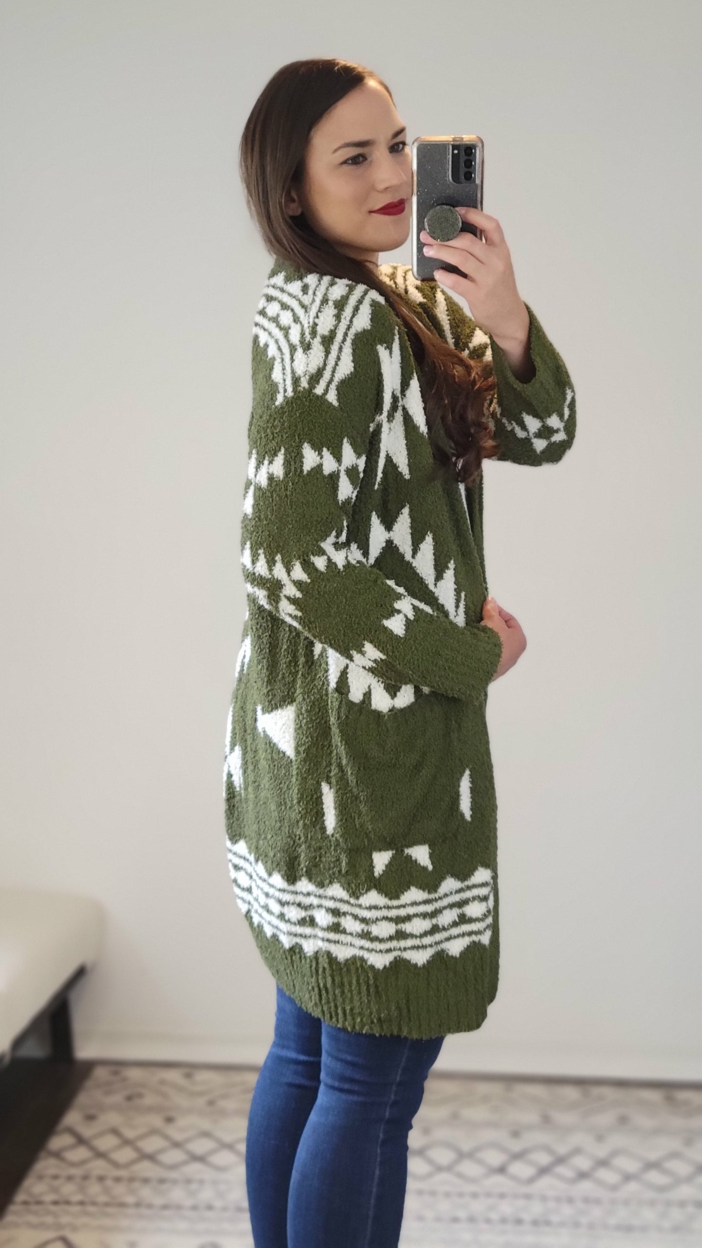 Olive/Off White Aztec Cardigan with Pockets  “Betty” 