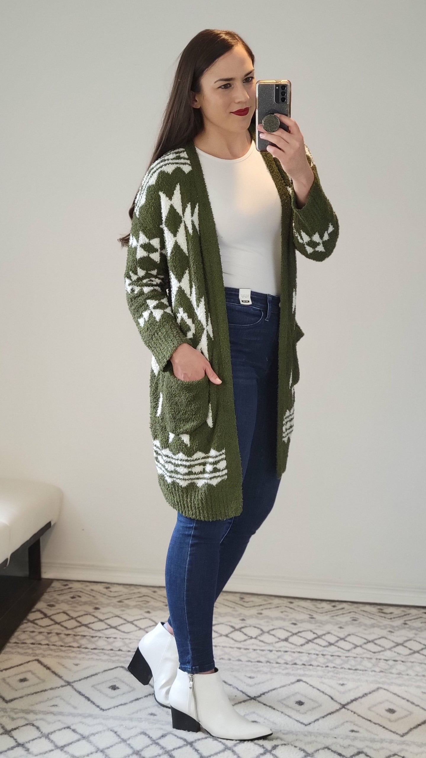 Olive/Off White Aztec Cardigan with Pockets  “Betty” 