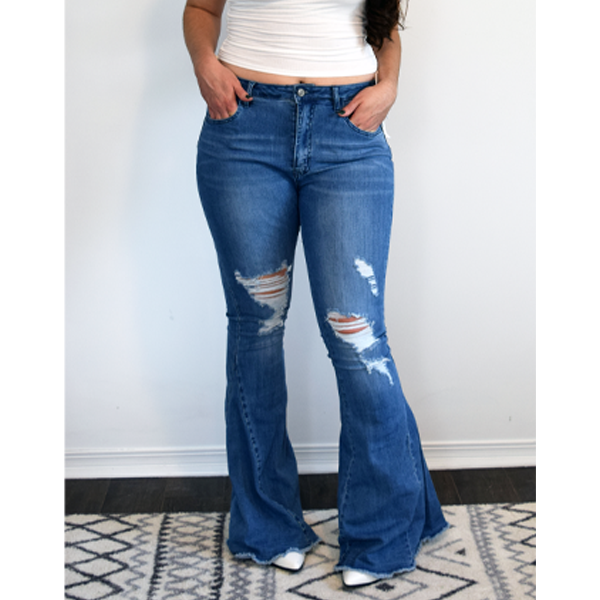 Saints & Hearts Distressed High Rise Denim Flares Raw Hem (2X)(3X)