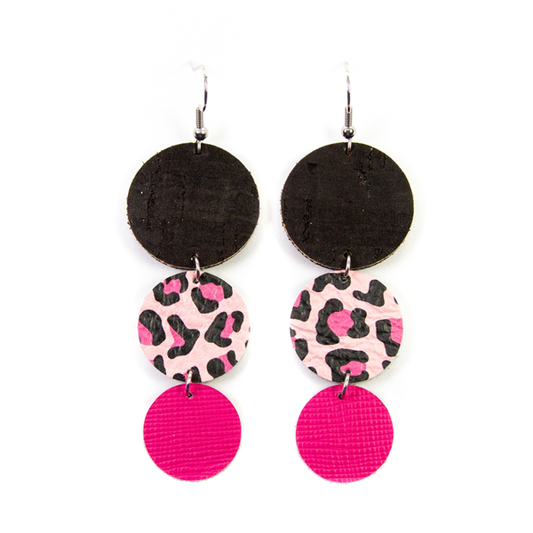 Hook Pink Leopard & Black Leather Earrings
