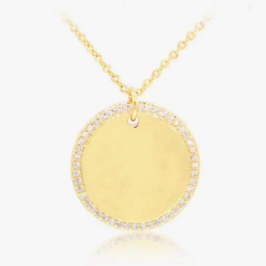 Pave CZ Round Pendant Necklace 18K Gold Plated