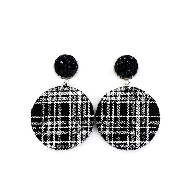 Druzy Stud With White & Black Round Buffalo Plaid Leather Earrings