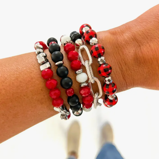 Silver Chain Red Buffalo Plaid Bracelet Stack
